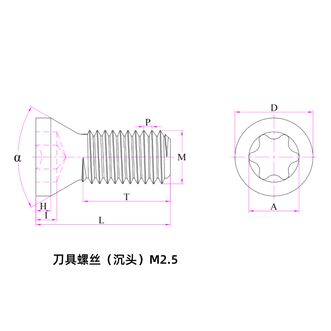 Countersunk Tooling Screw M2.5 (SCM435 alloy steel, class 12.9, plain as machined, Torx head, countersunk) — L 3.5 mm