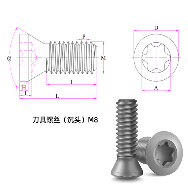 Countersunk Tooling Screw M8 (SCM435 alloy steel, class 12.9, plain as machined, hex socket, countersunk)